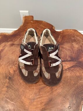 GUC Coach Brown Suede & Signature Canvas Slip-On Sneakers with Cream Straps